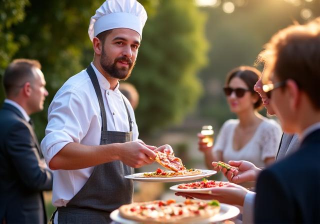 Un pizzaiolo esperto che serve fette di pizza fumante agli invitati di un elegante evento aziendale all'aperto.